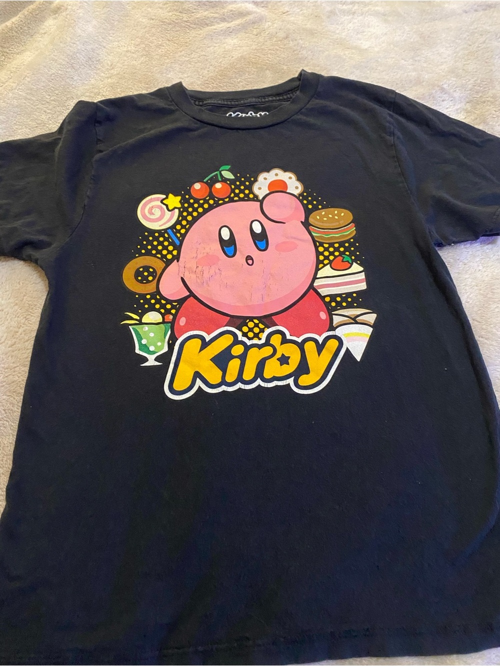 Nintendo Black Tee with Pink Kirby & Colorful Snack Art